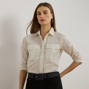 Ralph Lauren Classic Fit Polka-Dot Cotton Voile Shirt Size XS